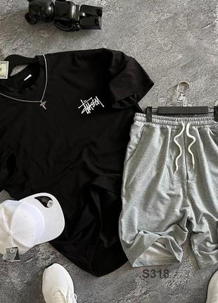 Чоловічий літній оверсайз костюм футболка + шорти stussy чорний із сірим комплект стуссі на літо (b)