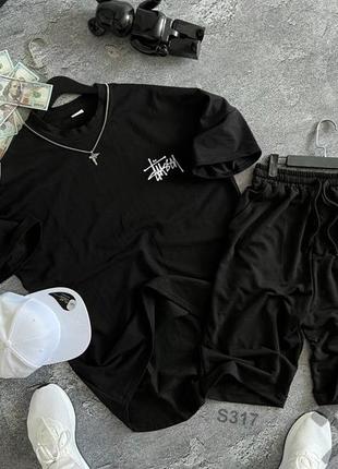 Чоловічий літній оверсайз костюм футболка + шорти stussy чорний із сірим комплект стуссі на літо (b)2 фото