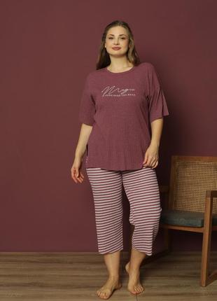 Жіноча піжама в рубчик футболка та бріджи р.xl,2xl,3xl,4xl туреччина7 фото