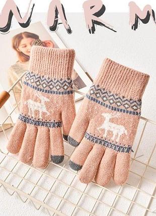 Перчатки с узором олень, для сенсорных экранов, темно-розовые