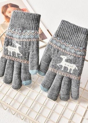 Перчатки с узором олень, для сенсорных экранов, темно-розовые