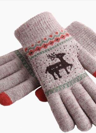 Перчатки с узором олень, для сенсорных экранов, темно-розовые