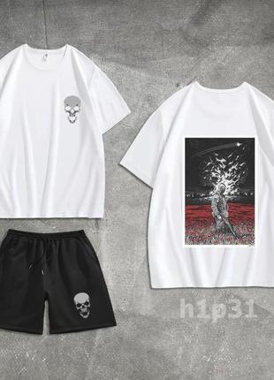 Мужской летний костюм оверсайз футболка + шорты белый с принтом воин спортивный костюм на лето (b)