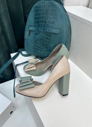 Эксклюзивные туфли лодочки из итальянской кожи и замши женские на каблуке с бантиком6 фото