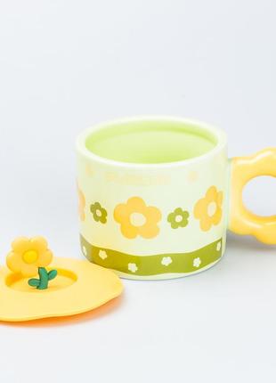 Чашка с крышкой 300 мл керамическая "цветок" зеленая2 фото