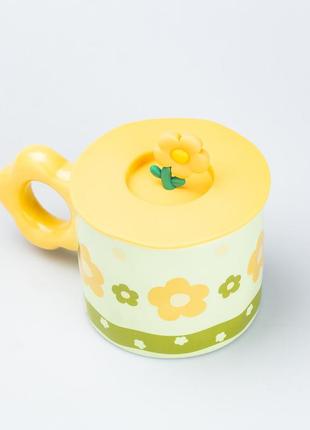 Чашка с крышкой 300 мл керамическая "цветок" зеленая3 фото