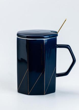 Чашка з кришкою та ложкою керамічна 400 мл чорна