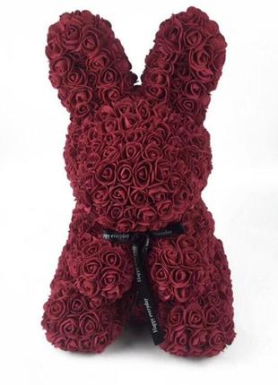 Кролик з троянд 38 см бордовий + подарункова упаковка
