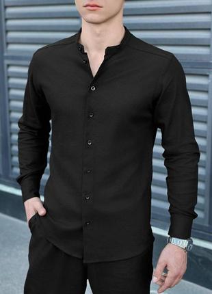 Мужская льняная рубашка черная воротник стойка приталенная с коротким рукавом (b)
