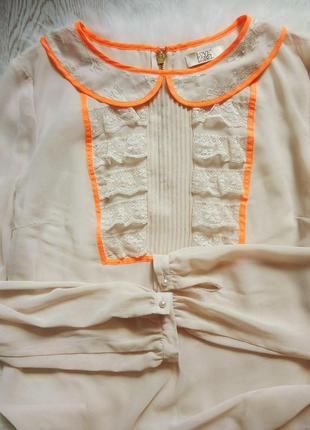 Бежевая блуза рубашка шифон длинный рукав гипюром ажурными оранжевыми вставками3 фото