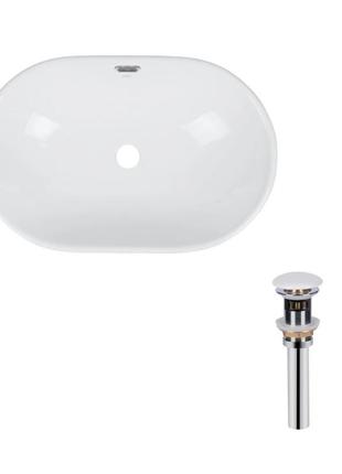 Комплект qtap leo: раковина врізна овальна 590x400x170 мм white + донний клапан pu02o