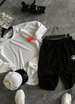 Чоловічий літній оверсайз костюм футболка + шорти stussy білий із чорним комплект стуссі на літо (b)