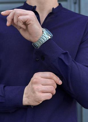 Мужская льняная рубашка синяя воротник стойка приталенная с коротким рукавом (b)5 фото