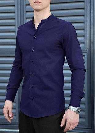 Мужская льняная рубашка синяя воротник стойка приталенная с коротким рукавом (b)2 фото