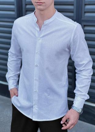 Мужская льняная рубашка синяя воротник стойка приталенная с коротким рукавом (b)7 фото