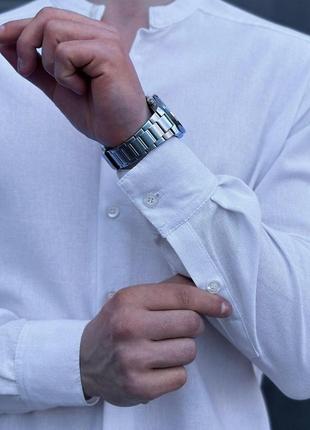 Мужская льняная рубашка белая воротник стойка приталенная с коротким рукавом (b)4 фото