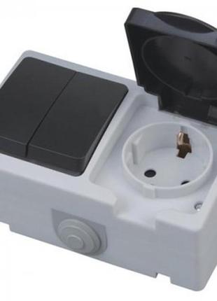 Розетка з заземленням з кришкою + вимикач двоклавішний "atom"