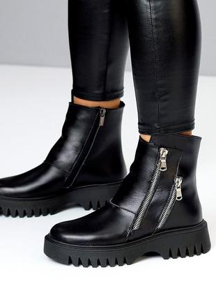 Женские кожаные черные ботинки демисезонные деми ботинки на флисе натуральная кожа весна осень