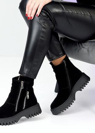 Женские замшевые черные ботинки демисезонные деми ботинки на флисе натуральная замша весна