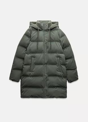 Удлиненная дутая куртка анорак женская хаки zara new
