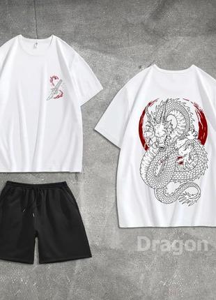 Мужской летний костюм оверсайз футболка + шорты белый с принтом dragon спортивный костюм на лето (b)