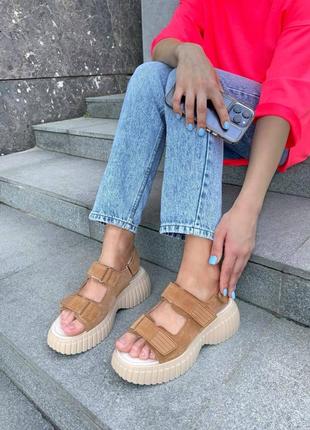 Женские сандалии на липучках рыжего цвета натуральная замша4 фото