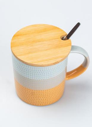 Чашка с бамбуковой крышкой и ложкой керамическая 350 мл оранжевая3 фото