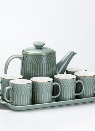 Чайный сервиз на подносе 6 чашек и заварочный чайник6 фото