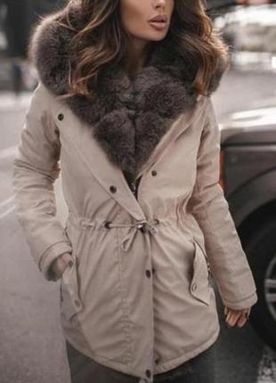 Зимова куртка, парка беж тепла з натуральним хутром, розмір хс-с