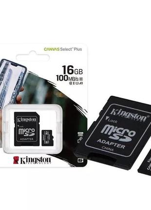 Kingston microsdxc 16gb canvas select plus class 10 uhs-i u1 v10 a1 + sd-адаптер