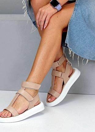 Трендовые женские бежевые босоножки натуральная кожа