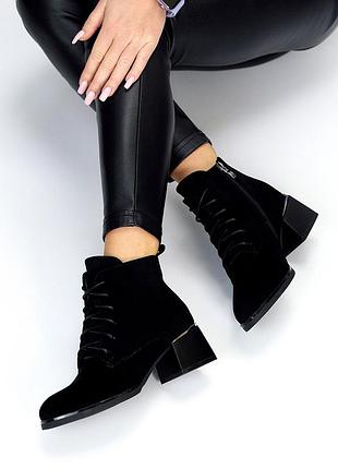 Классические замшевые черные ботинки ботильоны на среднем каблуке, молния + шнуровка 37