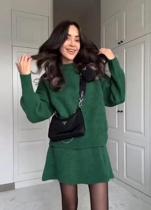 Класичний костюм з ангори світшот оверсайз спідниця міні вільна комплект чорний бордовий зелений сірий теплий стильний трендовий