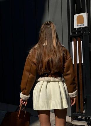 Кожаная рыжая премиум укороченная дубленка-пилот с белым мехом с м 42 44 s m