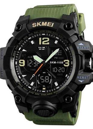 Оригінальний наручний спортивний чоловічий годинник skmei 1155 black-military зеленого кольору