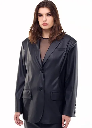 Чорний шкіряний піджак оверсайз жіночий прямий піджак екошкіра