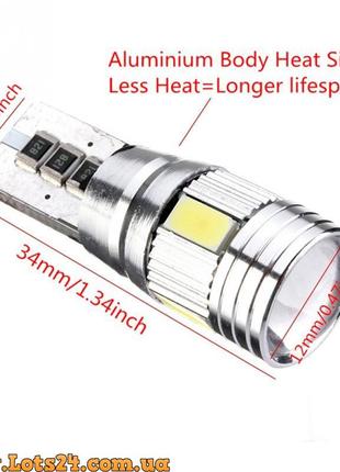 Автолампы с линзой w5w t10 6 led canbus 6000k  габариты светодиодные с обманками от ошибок2 фото