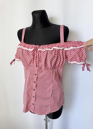 Блуза в карту виші баварська блузка топ myhailys червона біла картата відкриті плечі дирдль3 фото