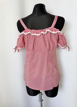 Блуза в карту виші баварська блузка топ myhailys червона біла картата відкриті плечі дирдль2 фото