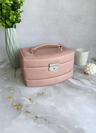 Большая розовая шкатулка для украшений из экокожи с зеркалом