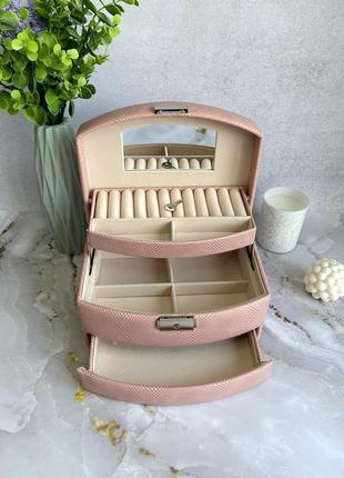 Большая розовая шкатулка для украшений из экокожи с зеркалом