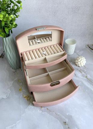 Большая розовая шкатулка для украшений из экокожи с зеркалом