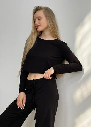 Комплект лонгслив укороченный + штаны черный женская пижама комплект для женщин женский костюм женский s5 фото