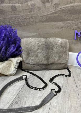 Жіноча маленька хутряна сумка з норки через плече сіра