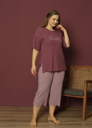 Жіноча піжама в рубчик футболка та бріджи р.xl,2xl,3xl,4xl туреччина2 фото