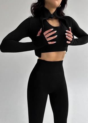 Бесшовный комплект push up для фитнеса/йоги (рашгард+топ+лосины), цвет черный / костюм спортивный женский
