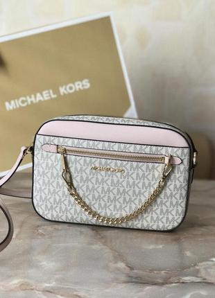 Сумка жіноча michael kors оригінал jet set large logo crossbody bag біла в лого крос боді