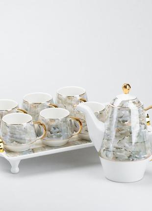 Чайный сервиз на подносе 6 чашек и заварочный чайник на подставке3 фото