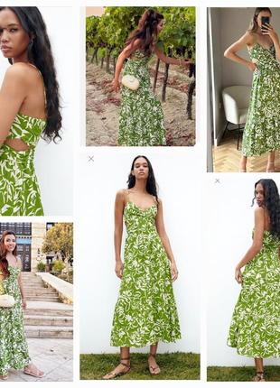 Потрясающее льняное зеленое платье макси zara