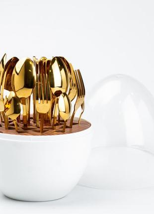Набор столовых приборов золотых на 6 персон из нержавеющей стали 24 штуки с подставкой "яйцо" белый2 фото